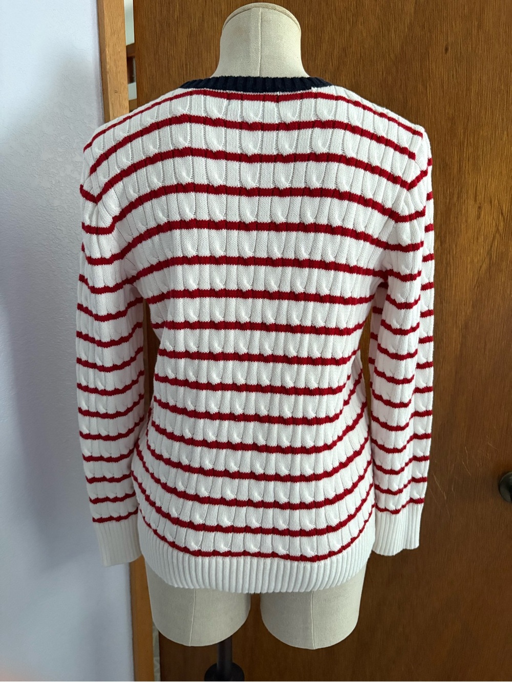 POLO RALPH LAUREN Boys sz XL 18-20 Cable Knit Sweater White Red Striped - Picture 4 of 8